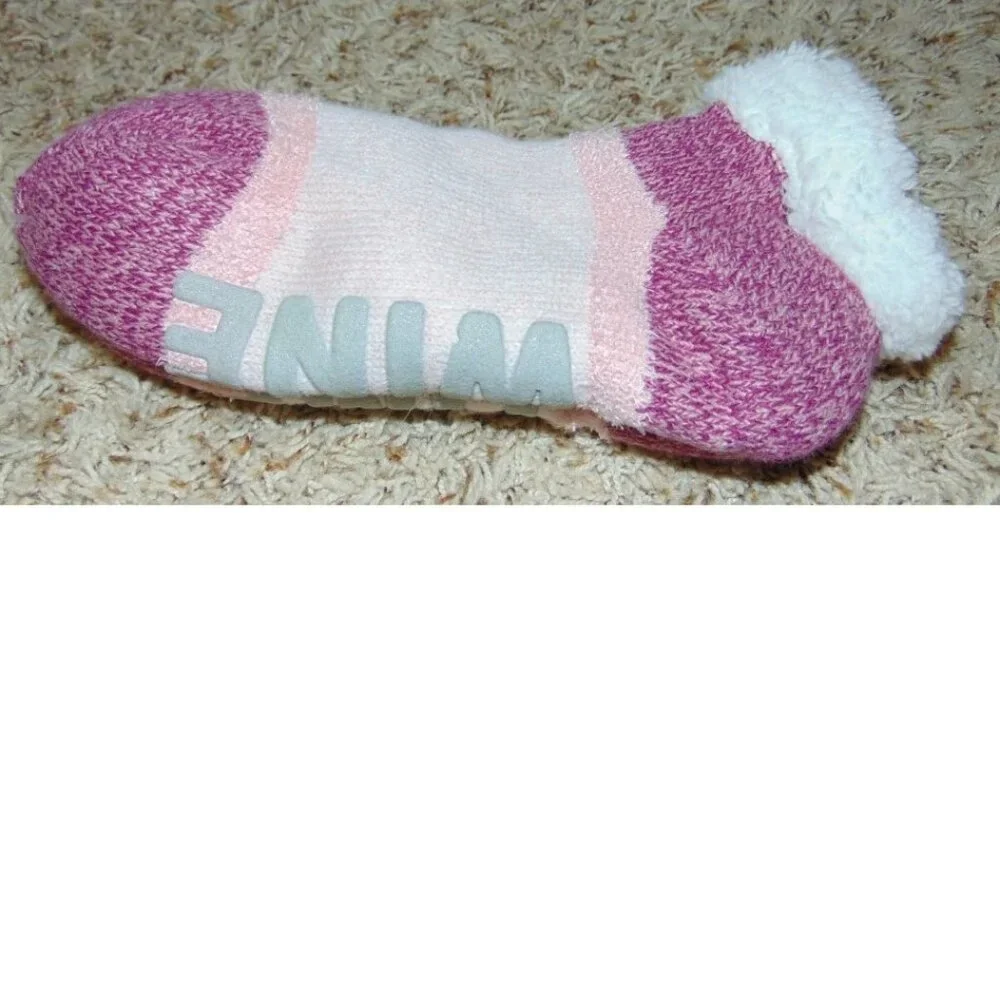 Womens Slipper Socks sz 9-11 Pink Fuzzy Babba WINE TIME Low Cut Winter
